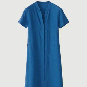Poetry Dress Button-Through Linen Midi Minimal Lagenlook Coastal Sz 4 Blue #UD33